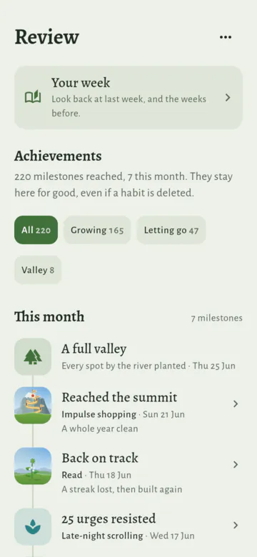 The Review page: Your week, then Achievements, "220 milestones reached, 7 this month", the filters All, Growing, Letting go and Valley with their counts, then this month's achievements, such as A full valley, Reached the summit and Back on track, each with its habit and date.