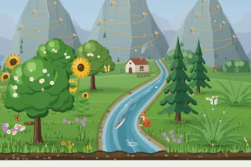 The valley in summer, close up on the land. On the far edge of the meadow, beside the river coming down from the hills, stands a small white cottage with a red roof and smoke rising from its chimney. It has a bench by the door, a flower box under the window, a straw beehive and a small vegetable patch in front. Across the river, a deer grazes.