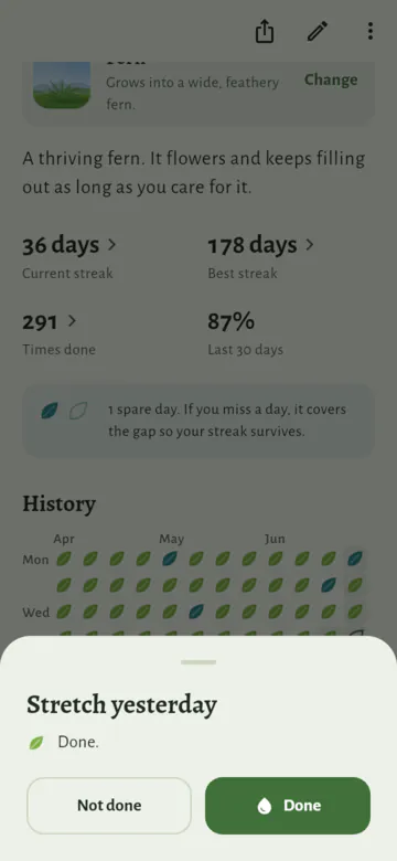 A sheet over the page for Stretch: "Stretch yesterday", "Done", and two buttons, Not done and Done.