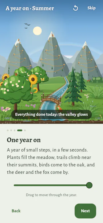 The introduction's year page, "A year on · Summer": oaks, sunflowers, pines and ferns by the river, three mountains with trails near their summits, small birds on an oak, a deer, a fox, butterflies and a rainbow, and over the meadow "Everything done today: the valley glows". Below, "One year on", a line about the year, a bar to move through the year, and the buttons Back and Next.