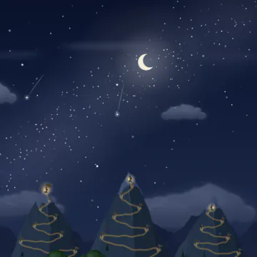 A dark night sky over three mountain tops, with a crescent moon and two thin shooting stars falling away from the same point above them.