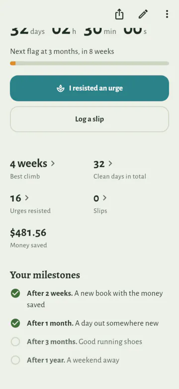 Lower down the page of Impulse shopping, 32 days clean: $481.56 money saved, the buttons I resisted an urge and Log a slip, and Your milestones. "After 2 weeks: a new book with the money saved" and "After 1 month: a day out somewhere new" are ticked; "After 3 months" and "After 1 year" are not yet.