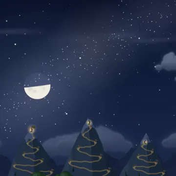 A night sky full of stars over the mountain tops, with a half moon.