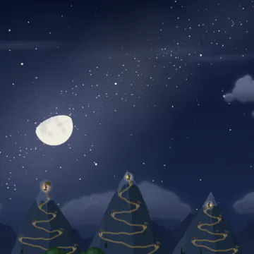 A night sky over the mountain tops, with a moon three quarters lit.