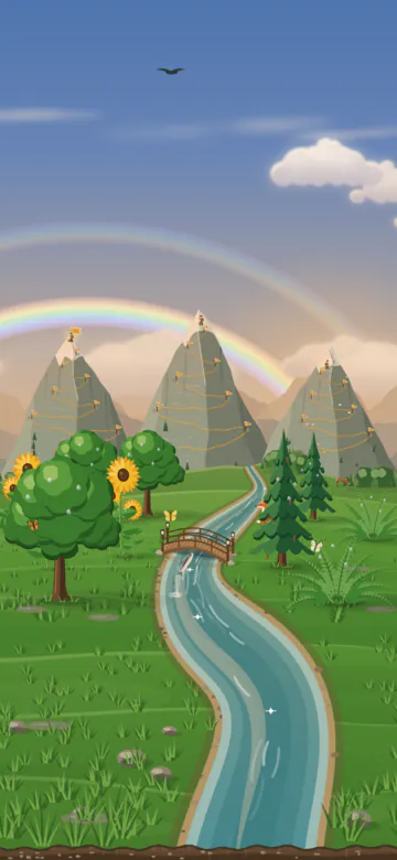 The valley filling a phone, early in the evening: a rainbow over the mountains, a faint second bow above it, a few clouds, and the trees, the river and the bridge below.