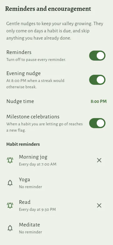 The top of Settings: Reminders, with switches for Reminders, Evening nudge, Milestone celebrations and Task reminders, and the nudge time, 8:00 PM. Under Habit reminders, a row for each habit: Morning jog, "Every day at 7:00 AM"; Yoga, "No reminder"; and Read, with its reminder.