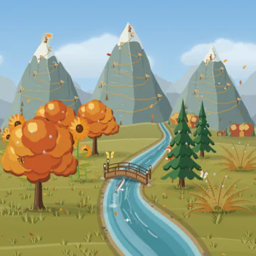 The valley in autumn: orange trees, golden grass and falling leaves.