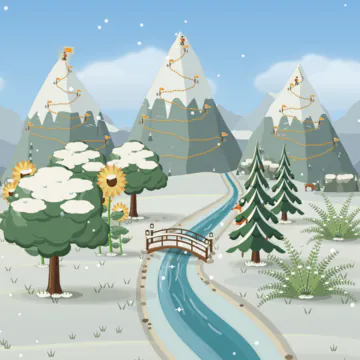 The valley in winter: snow on the meadow, the trees and the mountains, and a river with frozen edges.