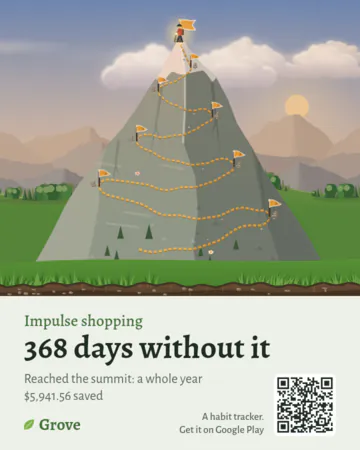 A share card for Impulse shopping, "368 days without it": a mountain with its trail of flags in warm evening light, the sun low on the right, with clouds.