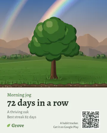 A share card for Morning jog, 72 days in a row: a thriving oak in a green meadow under a warm dawn sky. A wide rainbow close by rises behind the tree and goes off the top of the card, with a fainter second bow to its left. A QR code is in the bottom corner.
