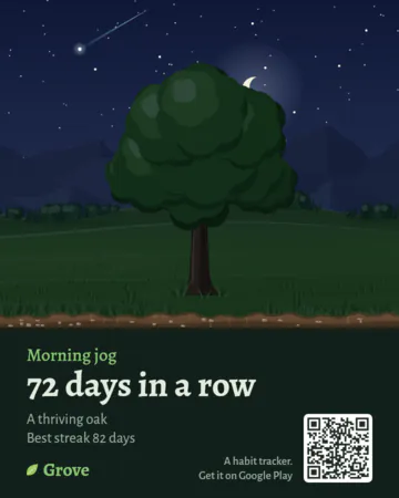 The same card at night: the oak dark under a starry sky with a shooting star, and the words light on a dark green panel beside the QR code.