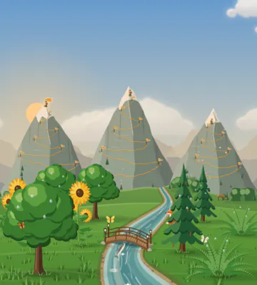 The valley soon after sunrise: the sun half hidden behind a mountain on the left, a warm glow low in a pale blue sky, and the trees, sunflowers and bridge below.