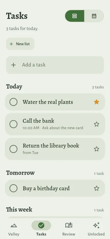 The Tasks page: "Tasks", with a switch between the list and the month, "3 tasks for today.", a New list button and the field Add a task. Under Today: Water the real plants, starred; Call the bank, 10:00 AM, Ask about the new card; and Return the library book, from Tue. Under Tomorrow: Buy a birthday card. The bar at the bottom has Valley, Tasks, Review and Unlocked.