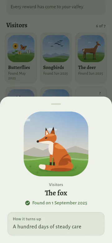A sheet over the Unlocked page with a big picture of a fox sitting in a meadow, "Visitors", "The fox", "Found on 1 September 2025", and "How it turns up: A hundred days of steady care".