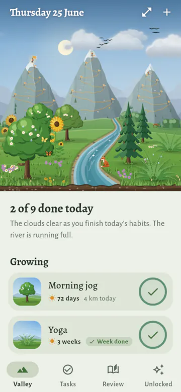 The Valley page: a valley with trees, sunflowers, a river, a bridge and three mountains with trails. Below it, "2 of 9 done today" and how the river is running, then the Growing list with Morning jog and Yoga, each done, with a green check in its ring, and Yoga with a Week done tag.