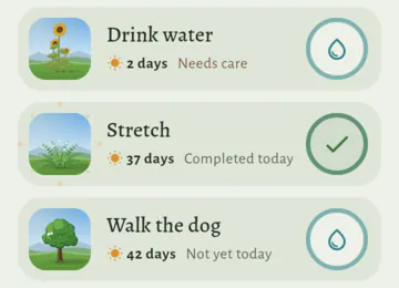 Three habits on the Valley page: Drink water, not done yet, with a drop in a ring of water; Stretch, just tapped, "Completed today", with a green check and small sparkles around its fern; and Walk the dog, not done yet.