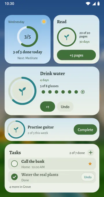 A phone's home screen with five Grove widgets. Today ring: "3/5", "3 of 5 done today", "Next: Meditate". Plant for Read: 20 of 20 pages, with +5 pages. A wide Plant for Drink water: 5 of 8 glasses, with +1 and Undo. A thin Plant for Practise guitar: 2 of 3 this week, with Complete. Tasks: "2 of 7 done", Call the bank with a star, Water the real plants ticked with Undo, and "4 more in Grove".