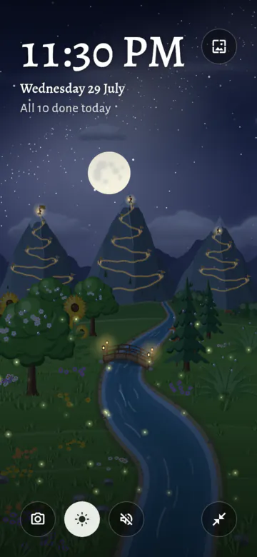 Zen mode filling a phone: a starry night with a full moon over three mountains with lit trails, and the time, 11:30 PM, Wednesday 29 July, "All 10 done today". At the top right, a round button to make a wallpaper; at the bottom, four more: Screenshot, Keep screen on, Sounds and Leave zen mode.