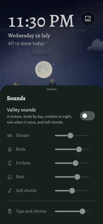 The Sounds sheet over zen mode at night: Valley sounds, switched off, then a level for each of Stream, Birds, Crickets, Rain and Soft chords, and one for Taps and chimes.
