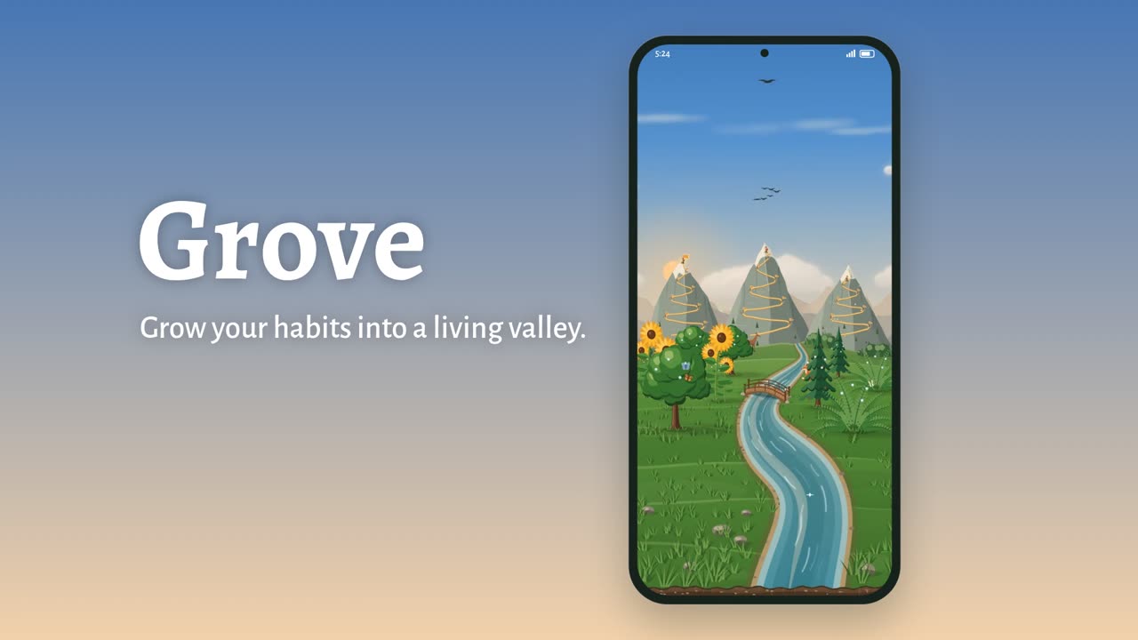 Play Grove's film: the name beside a phone showing a sunrise over the valley.