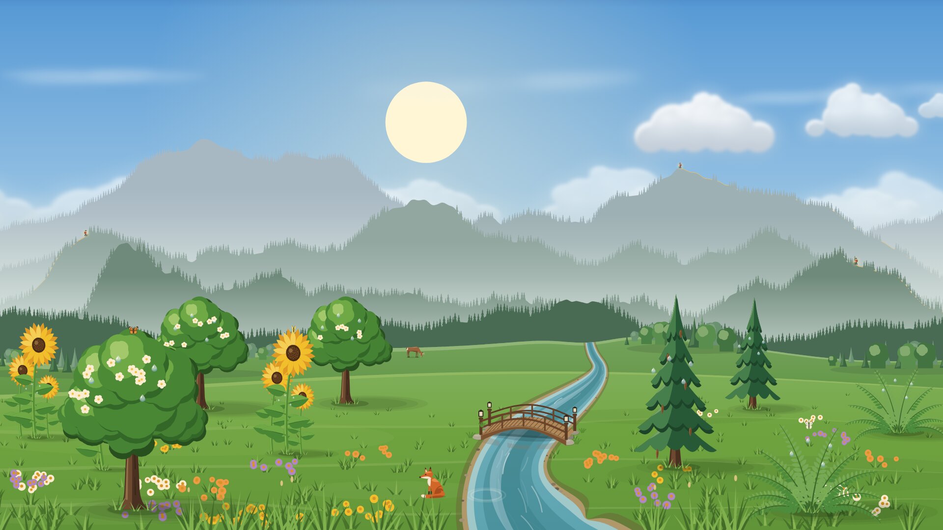A valley drawn by Grove: misty forested ridges with climbers on their trails, flowering trees, sunflowers and pines in a meadow of wildflowers, and a river under a wooden bridge.