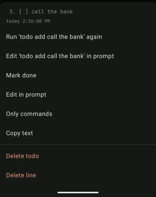 The action sheet for a to-do line: the line, when it arrived, its actions and two delete actions in red