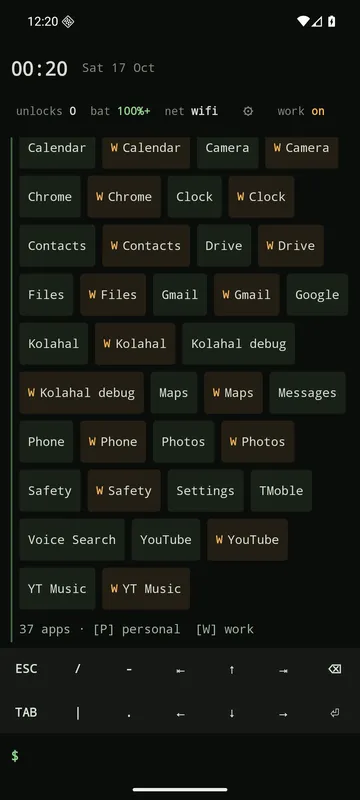 App grid with personal and work apps as chips