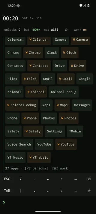 The apps grid: personal and work chips side by side