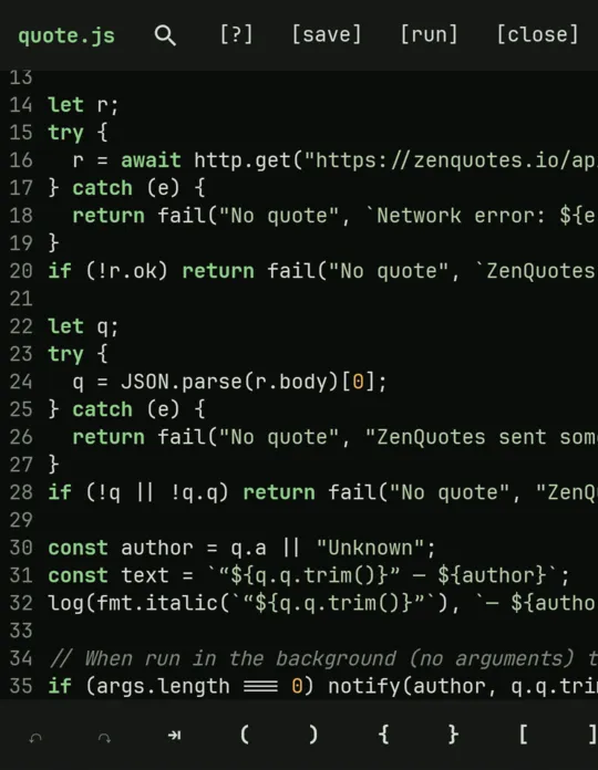 The script editor: the file name and the find, help, save, run and close buttons at the top, numbered lines of code, and the symbol bar