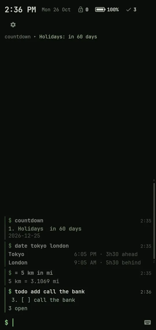 Kolahal's home screen: the header with clock, date and items, a script's status line, the log with four groups, and the prompt