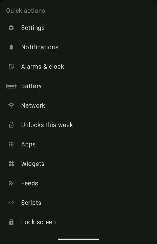 Quick actions: Settings, Notifications, Alarms and clock, Battery, Network, Unlocks this week, Apps, Widgets, Feeds, Scripts and Lock screen