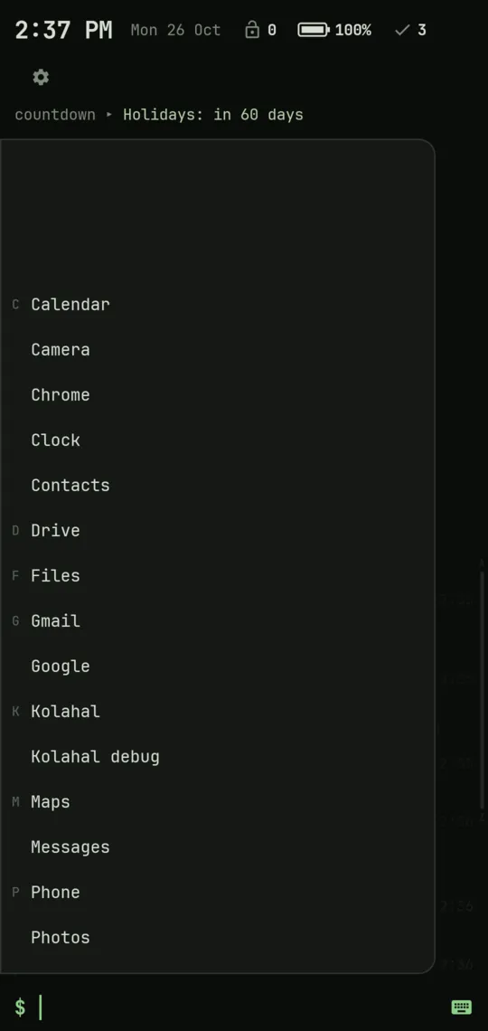The app list left open: wide, almost to the edge, under the header