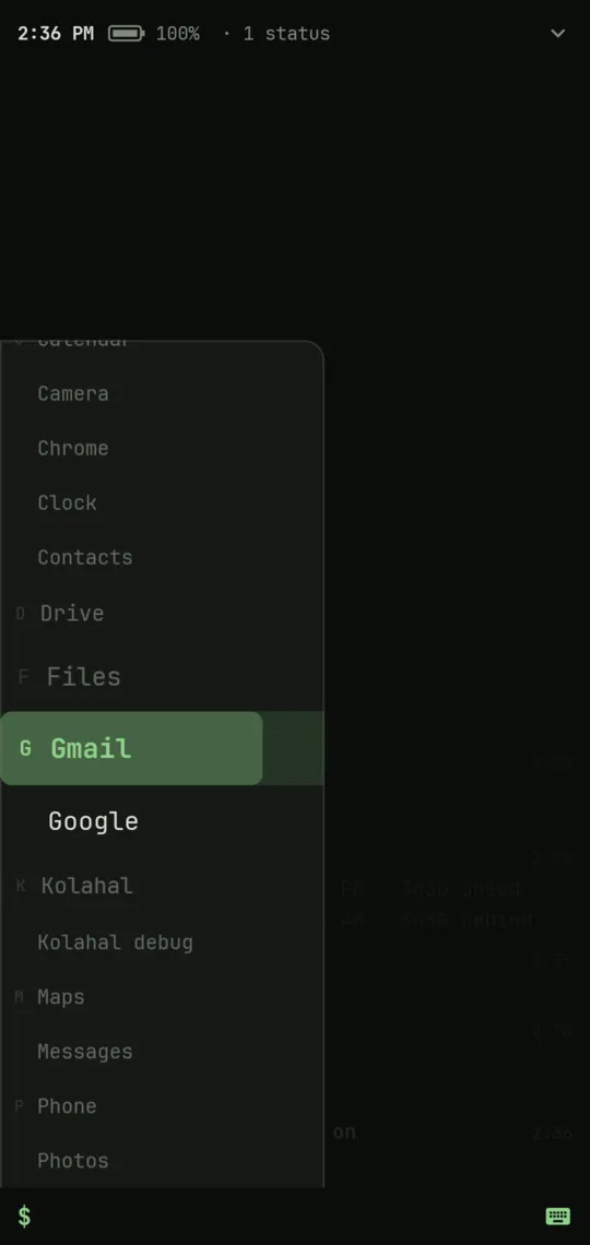 Picking Gmail: its row magnified and filling with the theme colour, the rows beside it slightly larger