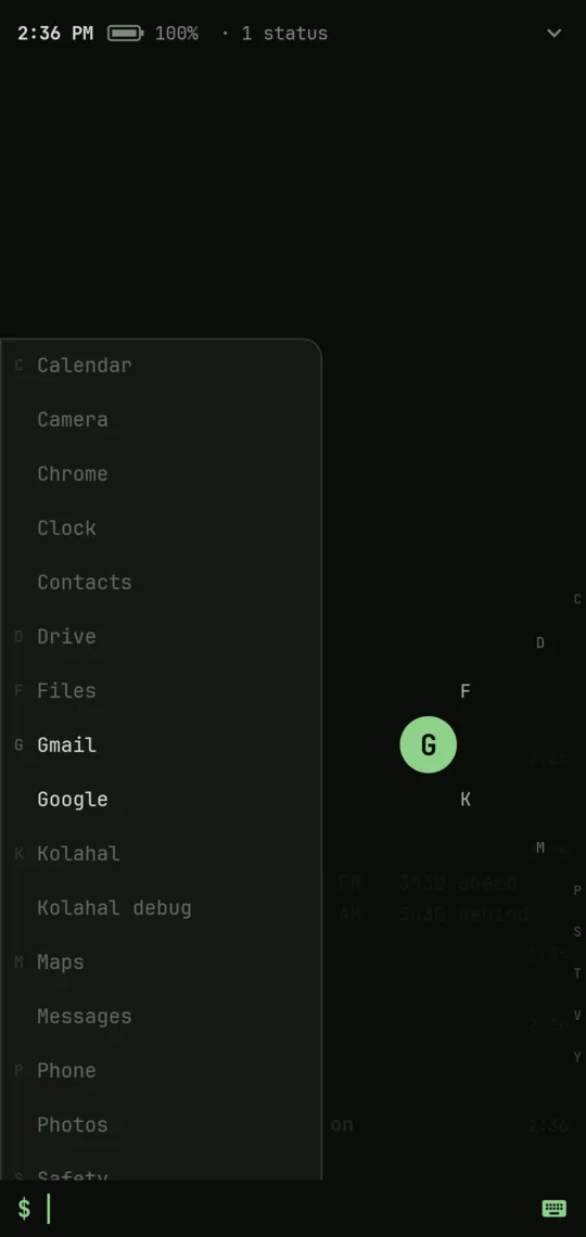 Sliding along the right edge at G: the panel of apps on the left, Gmail and Google bright, the G bubble beside the thumb and the letters fanning out from the edge