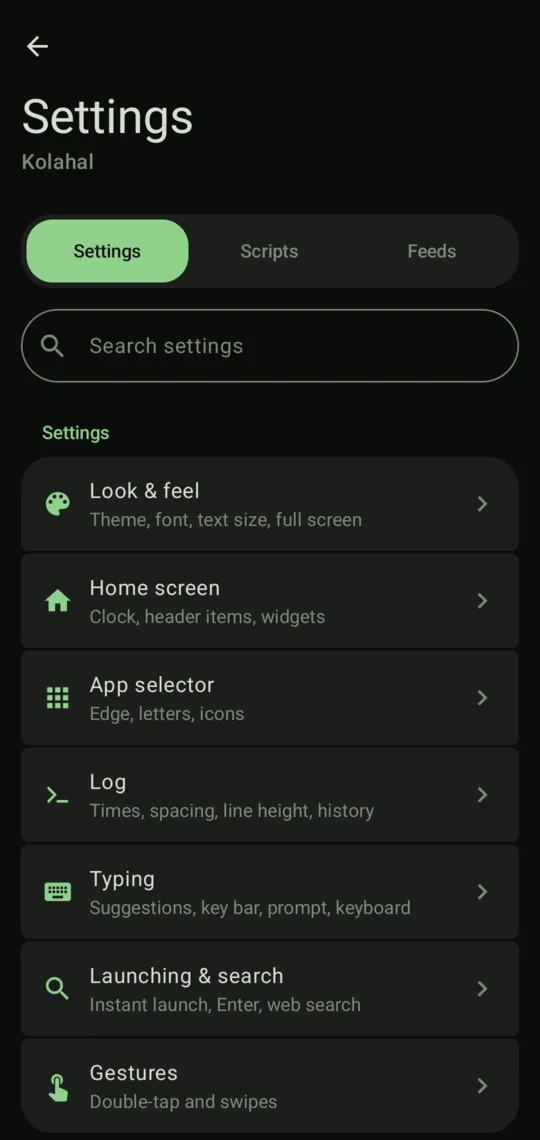 The Settings screen: Settings, Scripts and Feeds tabs, a search box and the pages Look and feel, Home screen, App selector, Log, Typing, Launching and search and Gestures