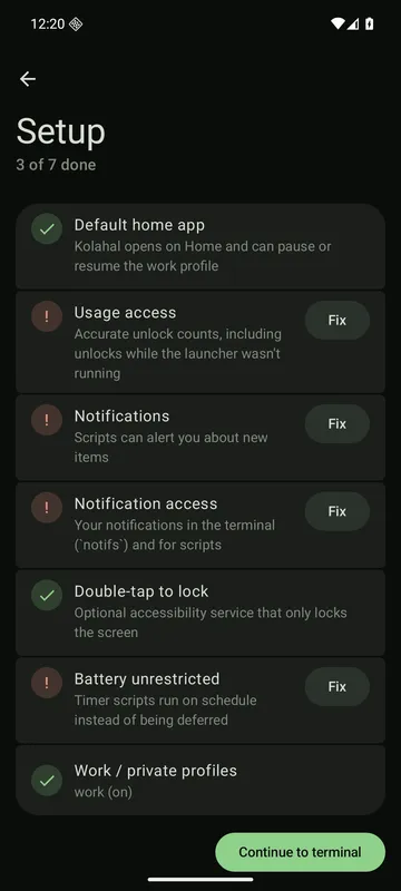 Setup checklist with fix buttons