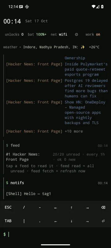 Kolahal terminal with feed items, a feed list and a notification