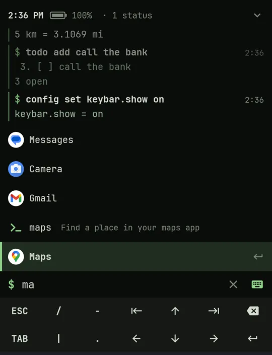 Typing ma at the prompt: the one-line header, the suggestion list with Maps highlighted at the bottom, the prompt and the key bar