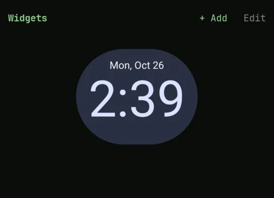 The widgets page with a digital clock widget, + Add and Edit at the top